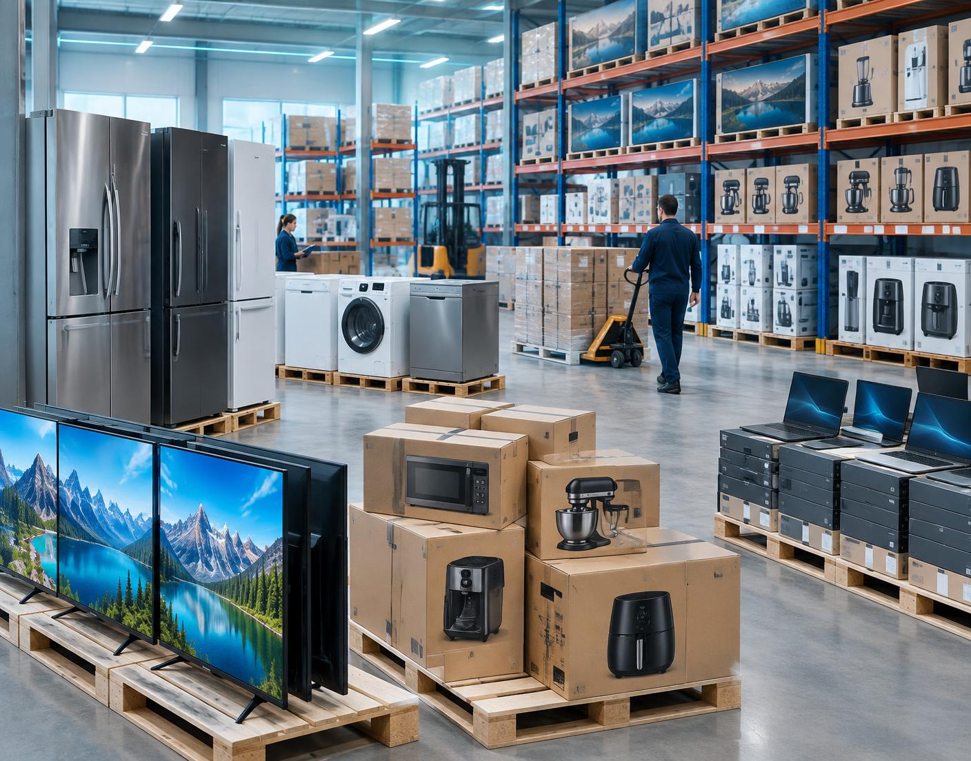 Distribution warehouse stocked with household appliances, televisions and laptops