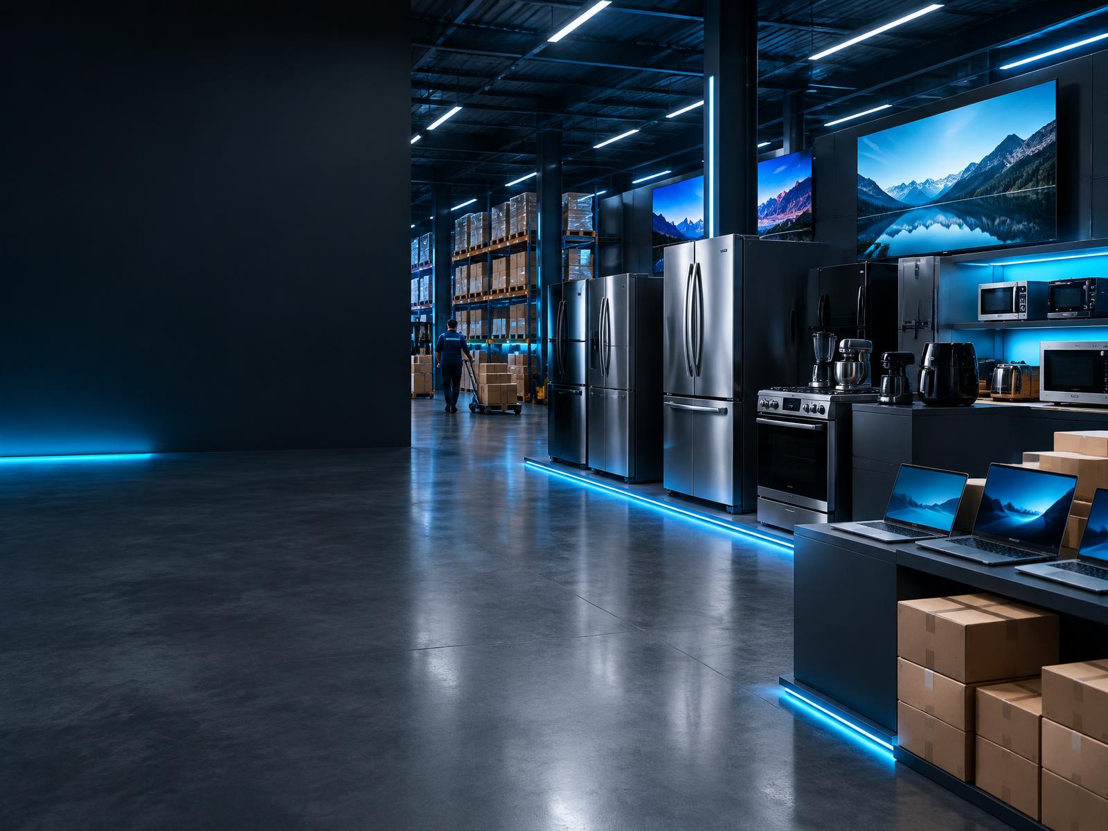 Warehouse showroom with refrigerators, televisions, kitchen appliances and laptops